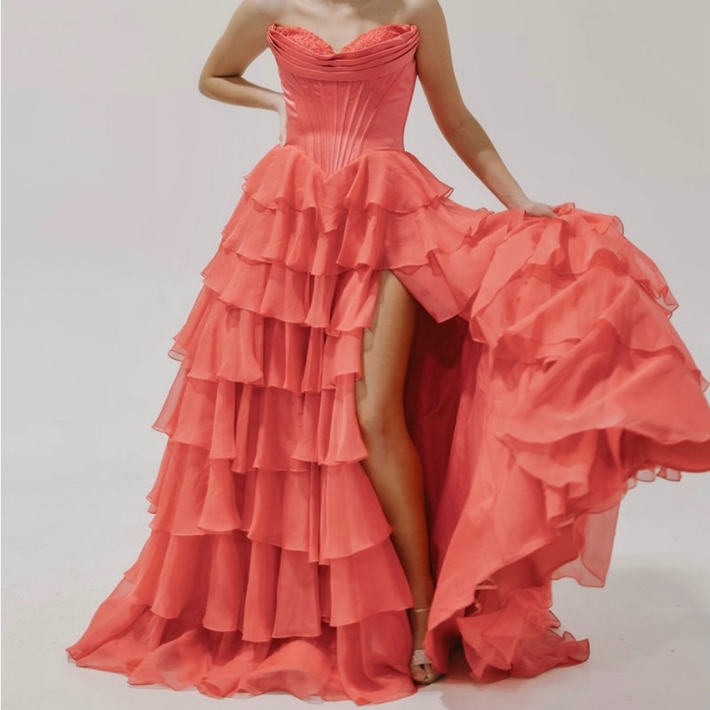 2025 SHERRI HILL ~ 56911 ~ CORAL STRAPLESS CORSET CASCADING RUFFLE PROM DRESS